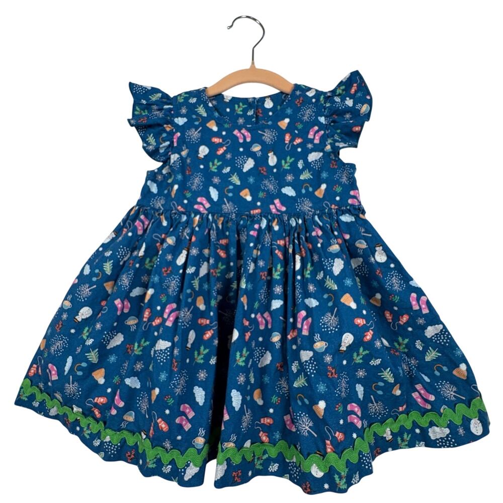 Matilda Jane Platinum Cotton Winter Dress Girls 4 Teal Rickrack Snowman Holiday